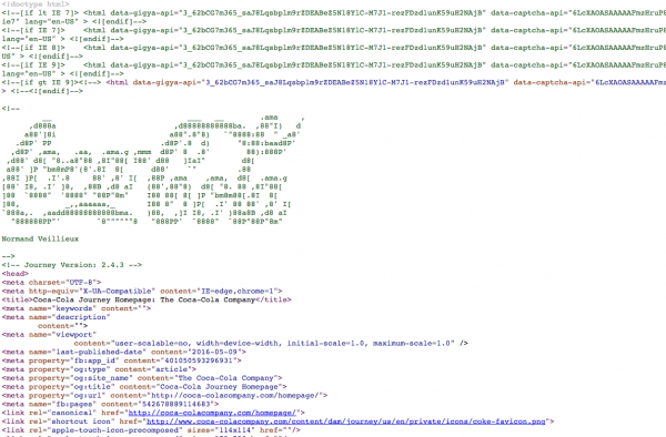 Capture d’écran du code source du site Coca Cola